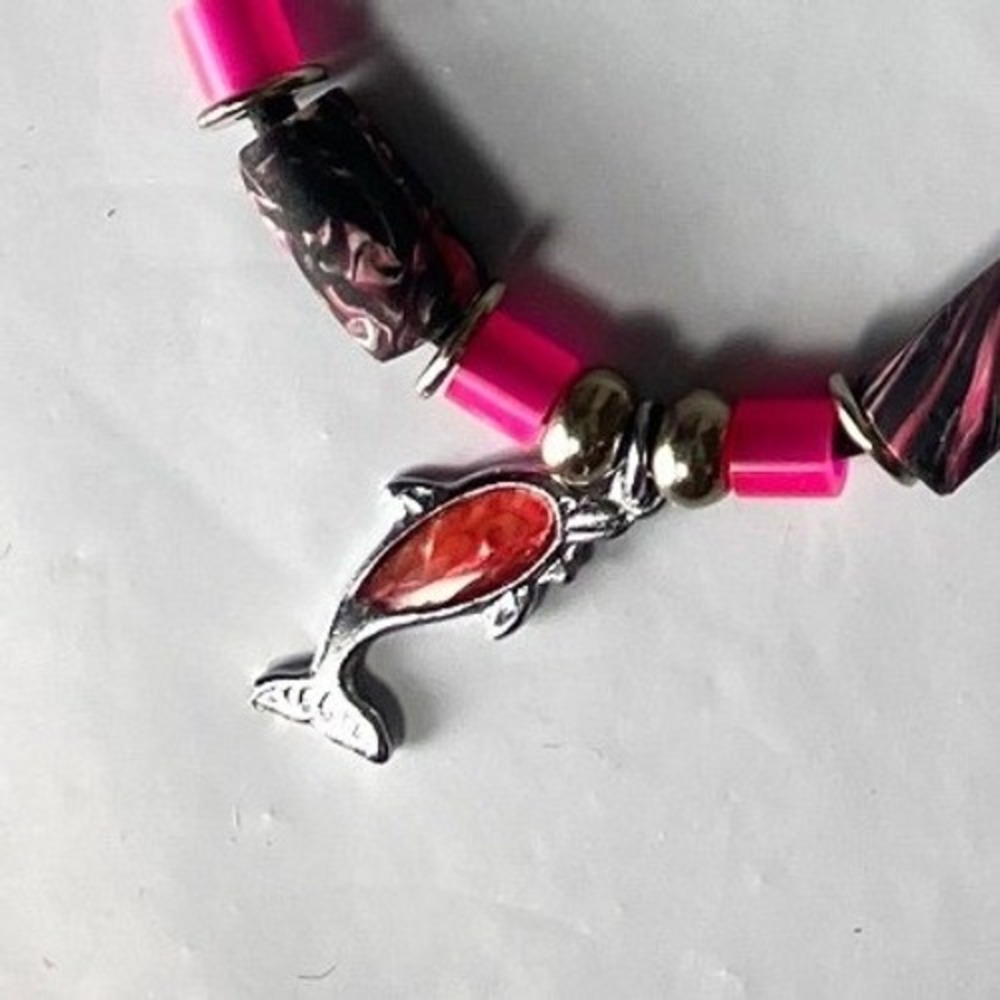 Handmade Dolphin Pendant Beaded Cord Necklace Black Pink Adjustable Choker Beach